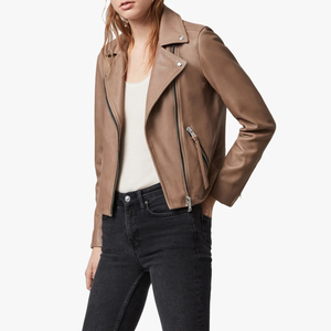 <b>Women</b> <b>Winter</b> Leather <b>Jackets</b> Stand Collar Full Sleeve Zipper Closure Solid Color <b>Women's</b> Brown Genuine Leather <b>Jacket</b> - Product Image 3