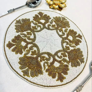 Handmade Glass Beaded Round Table <b>Placemat</b> Silver and Gold with <b>White</b> Beads 14X14 Inches Eco-Friendly American Style - Product Image 1