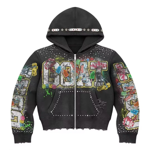 Sweat à capuche zippé strass lourd sweat à capuche en détresse pour hommes lavé à l'acide personnalisable broderie printemps sweats à capuche 2025 - Product Image 2