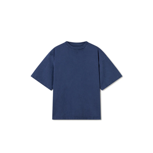 T-Shirt bleu marine vintage 300 GSM tissu lourd 1*1 côtelé col rond peigné coton organique uni non étiqueté 1*1 côtelé col rond peigné - Product Image 1