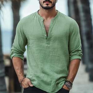 T-shirt boutonné à manches longues en coton de qualité supérieure pour hommes, tissu doux, respirant et infroissable, disponible en vente - Product Image 1