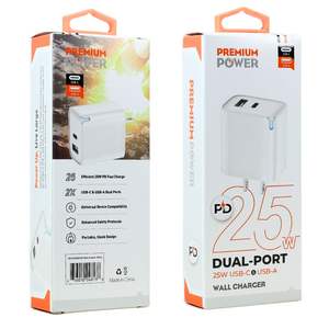 Chargeur mural double port Premium Power 25W USB C USB A PD Charge rapide universelle pour téléphone tablette appareils - Product Image 1