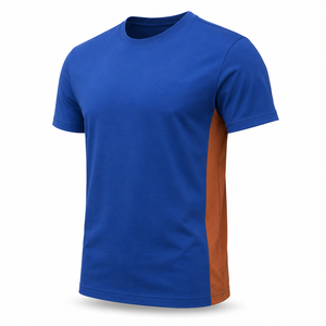 T-shirt col rond bleu roi en gros avec empiècements latéraux couleur rouille, vêtements décontractés d'été en coton personnalisés pour hommes - Product Image 2