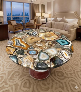 Table basse en agate de luxe, pierre précieuse ronde, plateau en cristal poli, incrustation de pierre d'agate naturelle, table basse en pierre précieuse artisanale, meubles d'art en pierre précieuse - Product Image 3