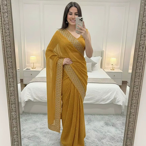 ผ้าซารีสำหรับผู้หญิงผู้ใหญ่ ผ้าจอร์เจตต์ชัทไน์ พรีเมียม พร้อมขอบผ้าไหมจอร์เจตต์แท้ และงานปักทั่วผืน - Product Image 3