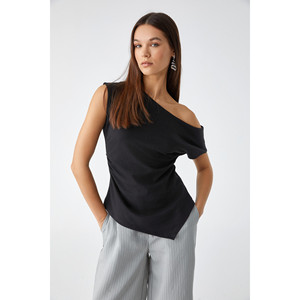 GRIMELANGE Rehinga Blusa de Manga Corta para Mujer, 100% Algodón, Cuello Asimétrico, Corte Regular - Product Image 1
