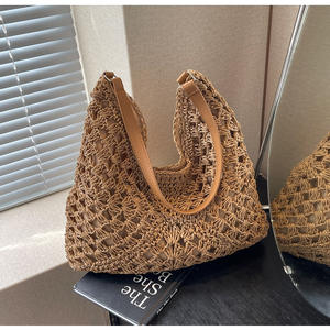 Sac à main élégant en paille tressée avec poignées en cuir, fermeture magnétique, sac de plage décontracté pour femmes, voyage d'été, usage quotidien - Product Image 1