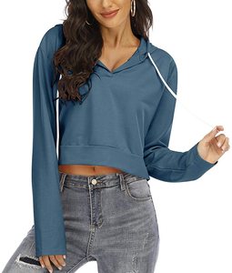 Sweat à capuche court d'été respirant pour femme, imprimé, manches longues, col en V profond, pull, logo sur le devant, écologique - Product Image 3