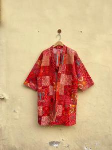 Handmade Cotton Sari Kantha Coat Vintage Style Long Patchwork Jacket Embroidered Print Design <b>Double</b> Breasted Knitted Breathable - Product Image 2