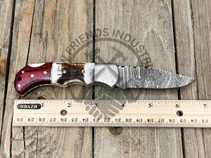 มีดพับพกพาเหล็กดามัสกัสทำมือปรับแต่งได้ตามต้องการใช้กลางแจ้งเขากวางเขากวางเขากวางไม้สีแดง - Product Image 5