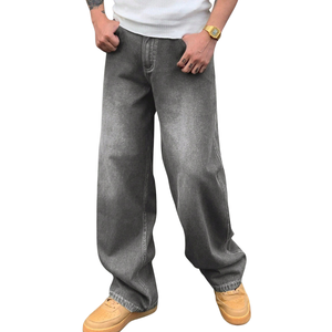 Jean en denim délavé noir et gris pour homme, coupe ample, style décontracté, jambe droite, vintage, streetwear, pantalon tendance pour tous les jours - Product Image 1
