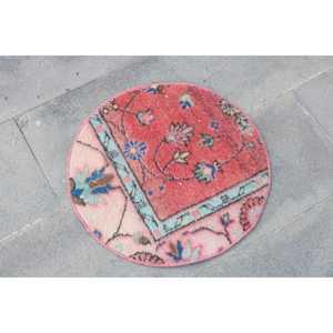 Alfombra Vintage de 1.7x1.7 pies, Alfombra Turca Redonda, Alfombra Ikat Roja y Azul - Product Image 3