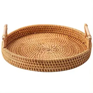 High Quality Customized Sizes Hand-Woven Round Wicker Decorative Basket Rattan Serving Tray with Handles made in viet nam