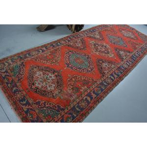 Alfombra turca vintage, diseño de retazos rojo y azul tradicional, área grande de 4,7x12,3 pies, pasillo Rectangular de látex de lana para habitaciones - Product Image 2