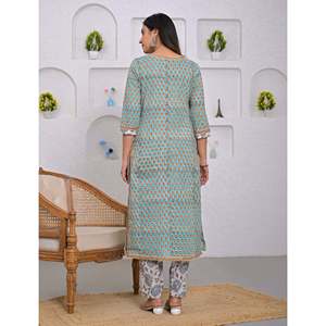 Conjunto de pantalón y kurta de algodón informal de verano, color verde marino, estampado en bloques, para mayor comodidad y estilo. - Product Image 6