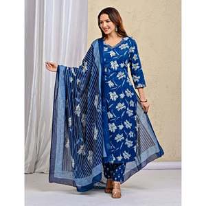 Blue <b>Block</b> <b>Printed</b> Cotton Kurta Pant Set Mulmul Dupatta Indian Pakistani Style Ethnic Wear for Daily Party Occasions Made Net - Product Image 3