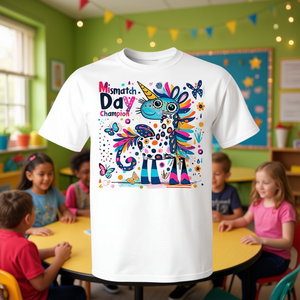 T-Shirt Promozionale per la Scuola con Unicorno Colorato 'Mismatch Day Champion' - Product Image 3