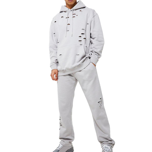 Custom Logo Puff Printing Unisex Sweatsuit French Terry Fleece High Street Men's Casual Distress Embroidery Logo Tracksuits Men - Product Image 1
