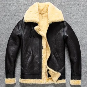 Custom Vintage <b>Pilot</b> Shearling Leather <b>Jacket</b> for Men Winter Flight Bomber Sheepskin Real Faux Fur Mandarin Collar - Product Image 4