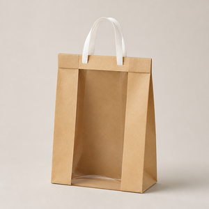 Sac en papier kraft personnalisé avec fenêtre, fermeture éclair, poignée en ruban, résistant à la graisse, biodégradable, pour emballages de pâtisseries et de biscuits - Product Image 1