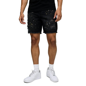 Custom <b>Black</b> Washed Ripped <b>Denim</b> <b>Shorts</b> for Men with Paint Splashes Raw Edge Hip Hop Street Style Loose Fit Summer Fashion Jorts - Product Image 1