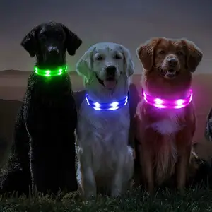 Coleira eletrônica ajustável de nylon para animais de estimação com LED refletivo padrão sólido flash noturno anti-perdido arnês para cães recarregável