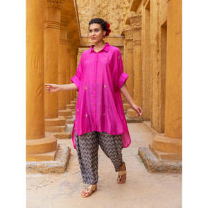 Zarina Oversized Asymmetrical <b>Long</b> <b>Shirt</b>-Solid Modal Silk Button Down for <b>Women</b> - Product Image 2