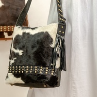Sac à main vintage bohème pour femme en cuir véritable avec garniture en fourrure de vache, fermeture éclair et fonction antivol