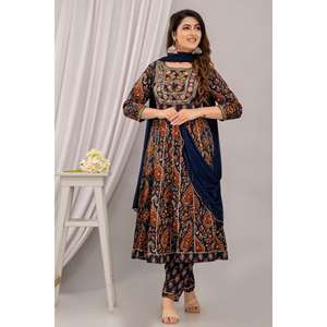 Conjunto de pantalones Anarkali Kurta con bordado Floral para mujer azul marino Dupatta bordado Floral elegante para festivales especiales - Product Image 1