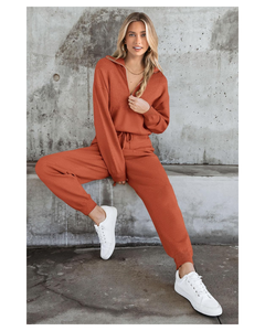 Traje informal para mujer, sudadera de lona de 2 piezas, pantalones de chándal para correr, Jersey con cremallera, Tops largos con decoración de botones - Product Image 1