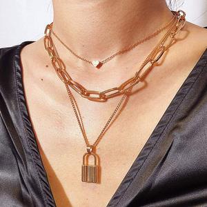 Alloy Gold Plated Lock <b>Pendant</b> Necklace Trendy Cross and Heart Shape with Diamond <b>Emerald</b> and Pearl Main Stones for Parties - Product Image 3