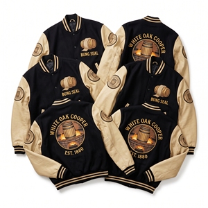 เสื้อแจ็คเก็ต Letterman แบบขายส่ง สีดำ ทำจากผ้าขนสัตว์ แต่งลายปัก White Oak Cooper Bung Seal แขนหนังสีครีม สไตล์ Bomber - Product Image 1