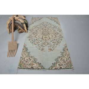 "Tapis Vintage en Laine Turque 3.7X7.5 pieds Grande Surface Bleu Beige Patchwork Jacquard Latex Support Rectangle Couloir Motif" - Product Image 1