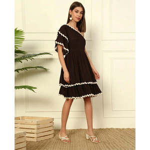 DEEBACO Women's Solid Tiered Layered <b>Dress</b> One Shoulder Bell Layered Sleeves Fit & Flared Above Knee Length One Piece <b>Dress</b> - Product Image 4