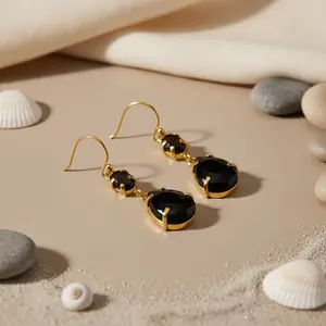 Boucles d'oreilles pendantes en onyx pour femmes avec plaqué or, pendentif en acier inoxydable, boucles d'oreilles pendantes tendance, style religieux - Product Image 1