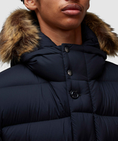 Veste matelassée longue pour homme en coton écologique bleu marine, à capuche avec garniture en fourrure, coupe-vent, décontractée, pour l'hiver, coupe régulière, en toile épaisse