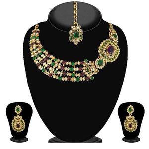 Kriaa <b>Fine</b> <b>Jewelry</b> <b>Set</b> Green Stone Necklace and Maang Tikka-2103004 - Product Image 1