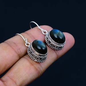 Pendientes de piedras preciosas ovaladas de labradorita, Pendientes colgantes de gota de Plata de Ley 925 para mujer, regalo de Año Nuevo para ella, venta al por mayor - Product Image 2