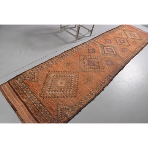 3.1x12.3 ft Turkish <b>Rug</b>, Vintage <b>Runner</b> <b>Rug</b>, Orange Brown Check <b>Rug</b> - Product Image 2