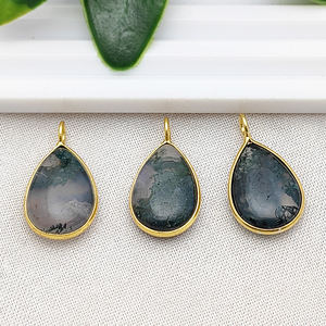 Colgante de lágrima de ágata de musgo liso, conjunto de bisel chapado en oro, conector de piedras preciosas para DIY, collar cristiano, fabricación de joyas de diamantes - Product Image 6