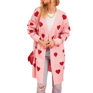Cárdigan de longitud media con patrón de corazón, suéter de invierno informal con bolsillo - Product Image 3