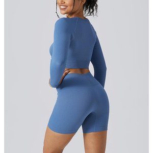 Tendance côtelé tenues d'entraînement pour femmes 2 pièces sans couture Sport soutien-gorge taille haute Yoga Leggings XL Bikini tissu Logo personnalisé - Product Image 4