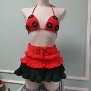 Maillot de bain bikini personnalisé fait main, sexy, taille haute, rayé, tricoté, deux pièces, avec soutien-gorge triangle uni, motifs XS Plus pour la plage - Product Image 5