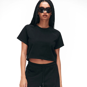 Women's Black Crop <b>Top</b> <b>Raglan</b> Sleeve Oversized Cropped T Shirt 100% Cotton French Terry Streetwear Y2K Fashion Tee Wholesale - Product Image 1