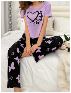 2024 femmes décontracté pyjama ensemble à manches courtes col rond haut et taille élastique pantalon vêtements de nuit confortables - Product Image 3