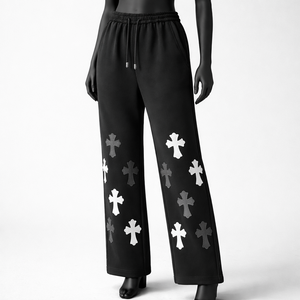 Pantalones Deportivos Negros Personalizados con Estampado de Cruz para Mujer, Cintura Elástica con Cordón, Pierna Recta, Diseño Gráfico, Venta al Por Mayor OEM - Product Image 2