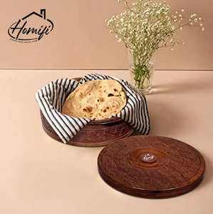 Caja Redonda de Madera Contemporánea para Chapati de Alta Calidad con Tapa Desmontable y Función de Calentamiento, Pinzas para Servir para Uso en la Cocina - Product Image 1