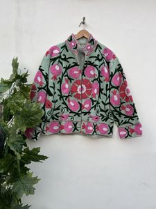 Suzani แจ็คเก็ตผ้าฝ้ายสำหรับผู้หญิง, เสื้อโค้ทผ้าคอตตอนปักด้วยมือพร้อมกระเป๋าโลโก้ระบายอากาศสำหรับฤดูใบไม้ร่วง - Product Image 5