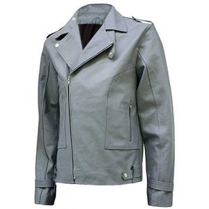 Chaquetas de Cuero Vacuno Gris para Hombre, Estilo Motero Clásico, Corte Ajustado, Estilo Moto, Transpirable, Cuello Camisero, Forro de Cuero Auténtico - Product Image 1