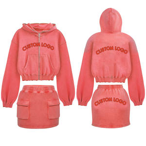 Femmes 2025 Logo personnalisé décontracté solide deux pièces fermeture éclair à capuche haut court polaire sweat jupe motif Vintage pour le printemps - Product Image 1